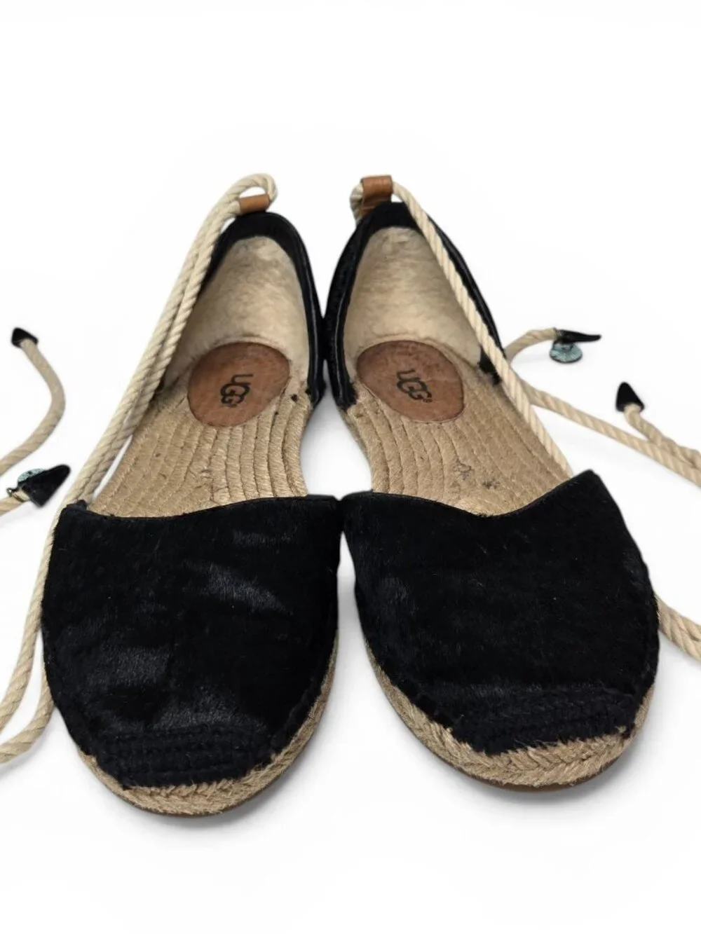 UGG‎ Libbi Calf Hair Espadrille Sandals Women Black Spanish Ankle Wrap Summer 7
